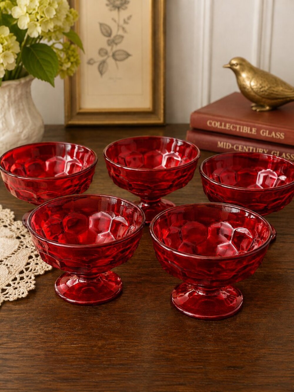 Vintage Viking Glass "Honeycomb" Ruby Red Sherbet Dessert Bowls Set of 5
